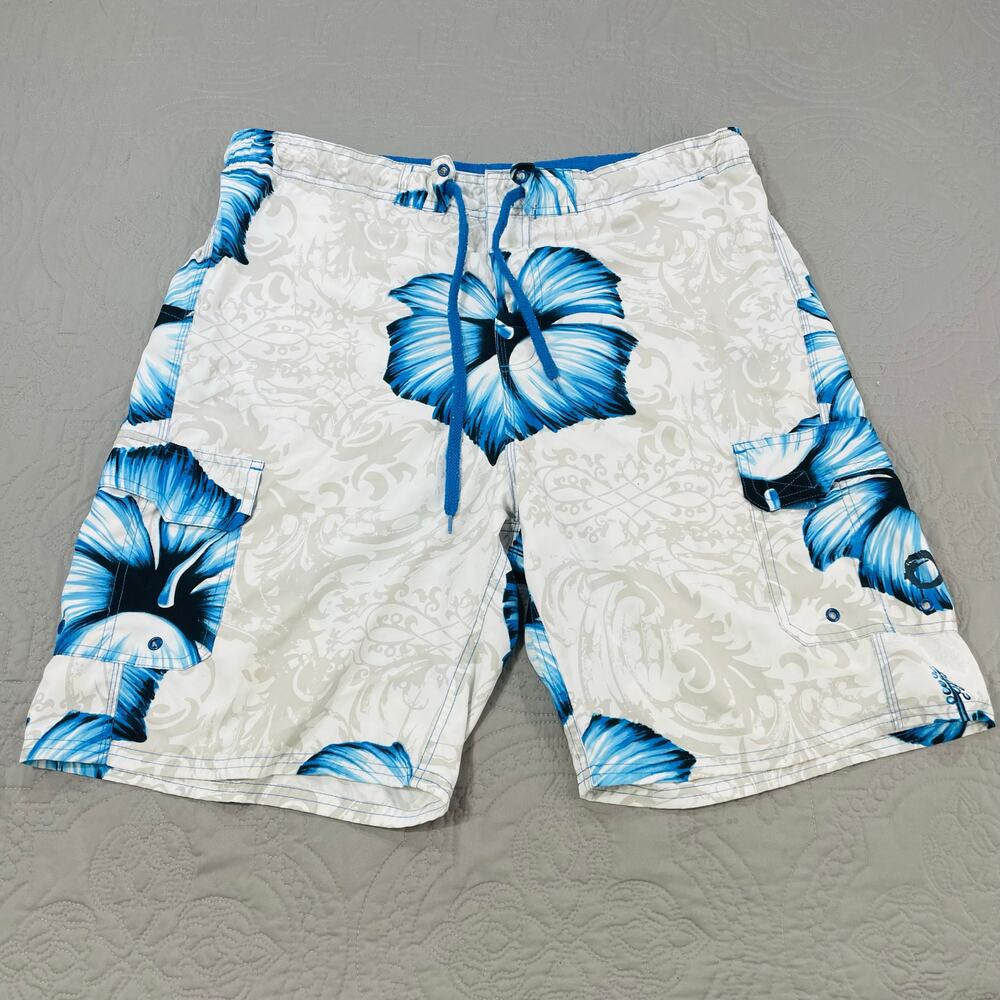 Vintage OP Swim Shorts Mens Large Blue White Hibiscus Floral Hawaiian Ocean